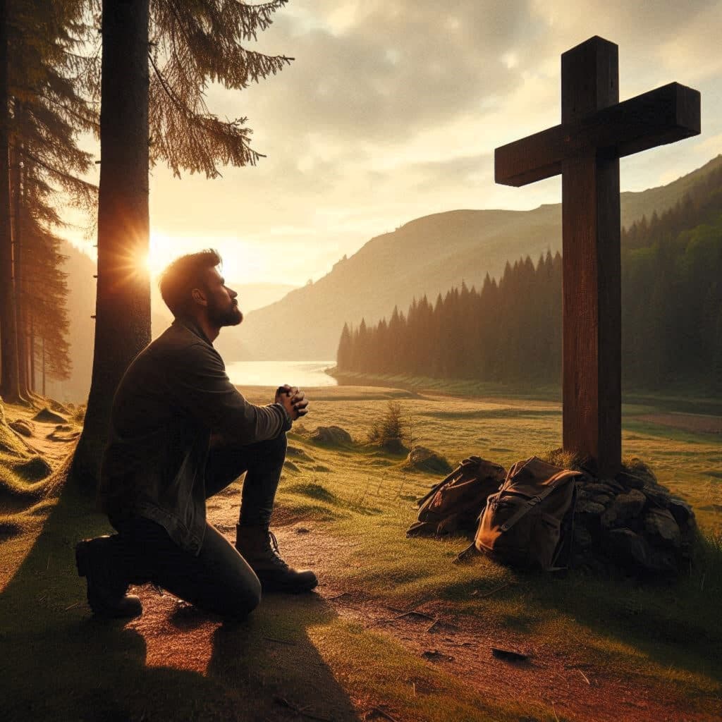 A man praying by a Cross